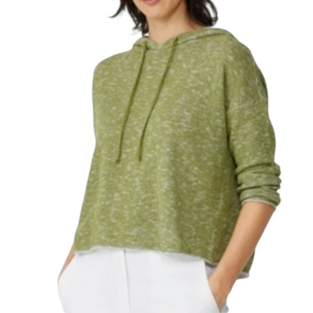 Eileen Fisher Cotton Linen Slub Hooded Top Green XL